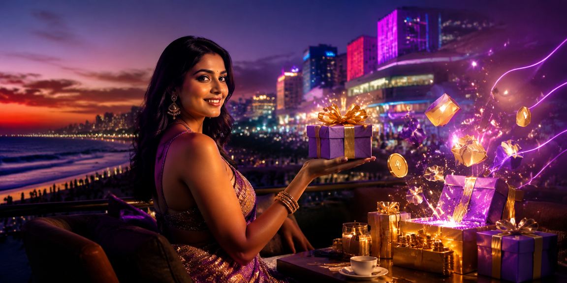 Chennai Marina Beach neon-lit lottery awareness