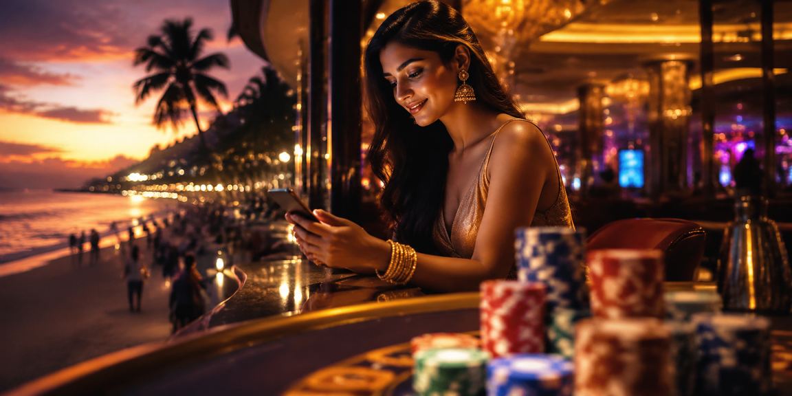 Player enjoying Aviator game on mobile by Goa beach